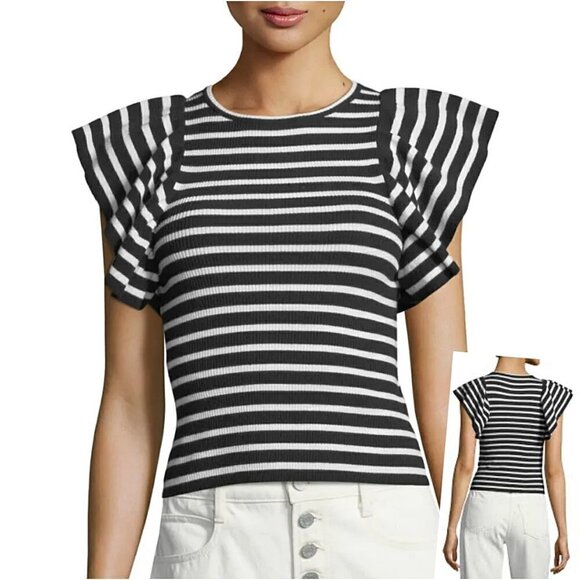 ALC Italian Merino Wool Crewneck Striped Ribbed Crop Sweater XS Black White NWOT